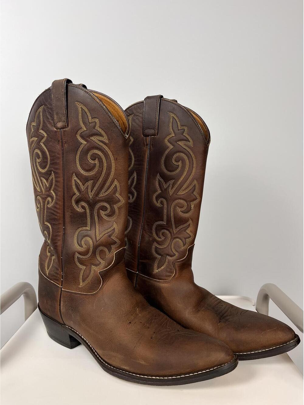 Justin Men’s Buck Brown Round Toe Western Cowboy Boots Leather Pull On Size 10.5